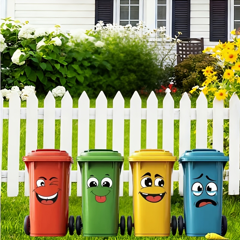 a set of 4 pvc 2d printed flat cartoon stickers suitable for decorating household trash bins featuring a glossy end and fun  