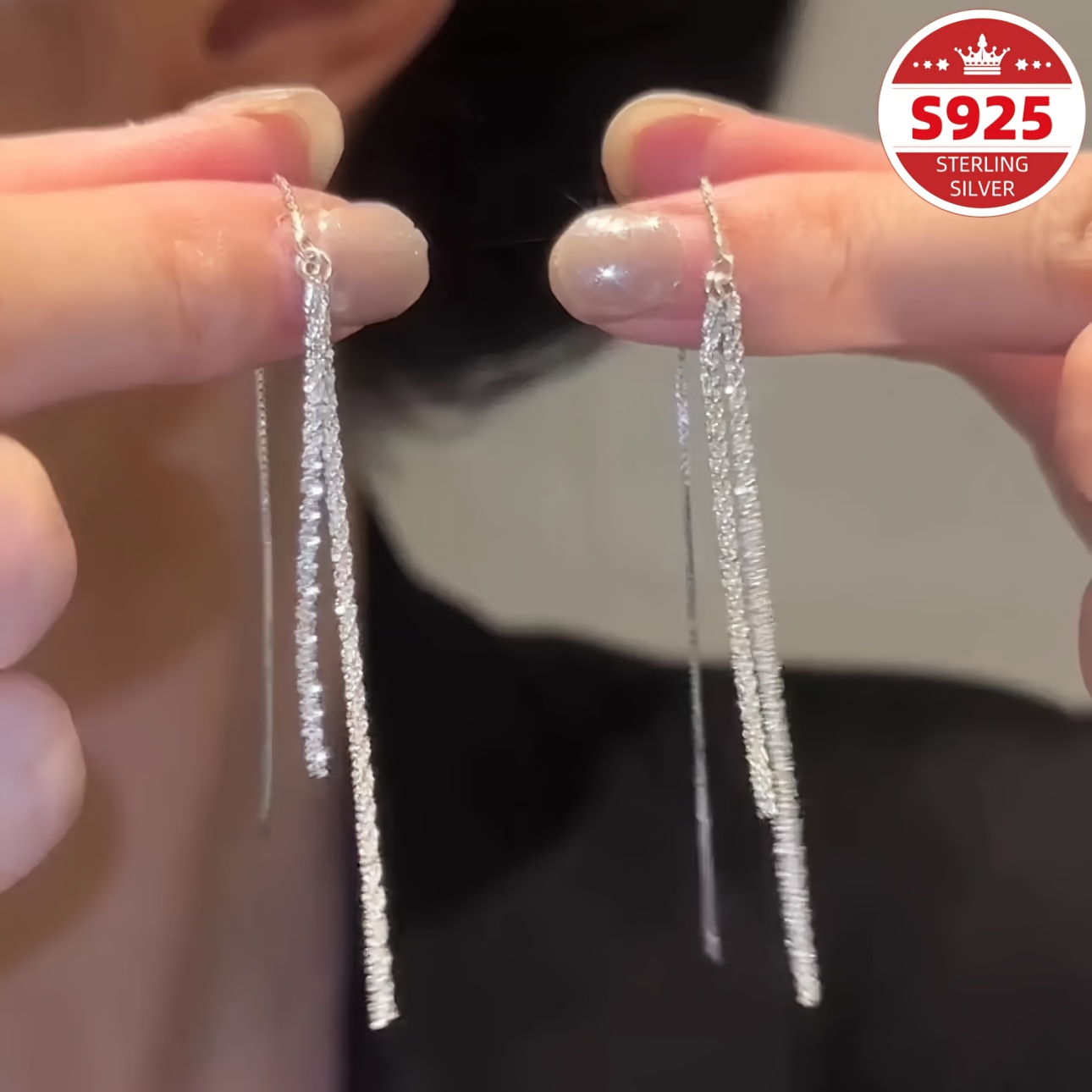 TEMU S925 Pure Silvery Starry Tassel Earrings With A Simple And Exquisite Temperament, Long Sparkling Earrings That Do Not Fade And Are