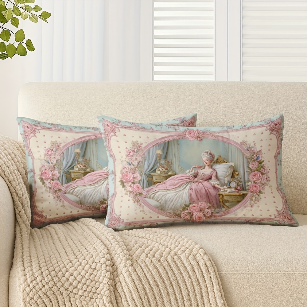 TEMU 2pcs 2d Flat Printed Double-sided Throw Pillow Covers, Featuring A Beautiful Illustration In Pink And White, Measuring 12x20 Inches (30x50cm).