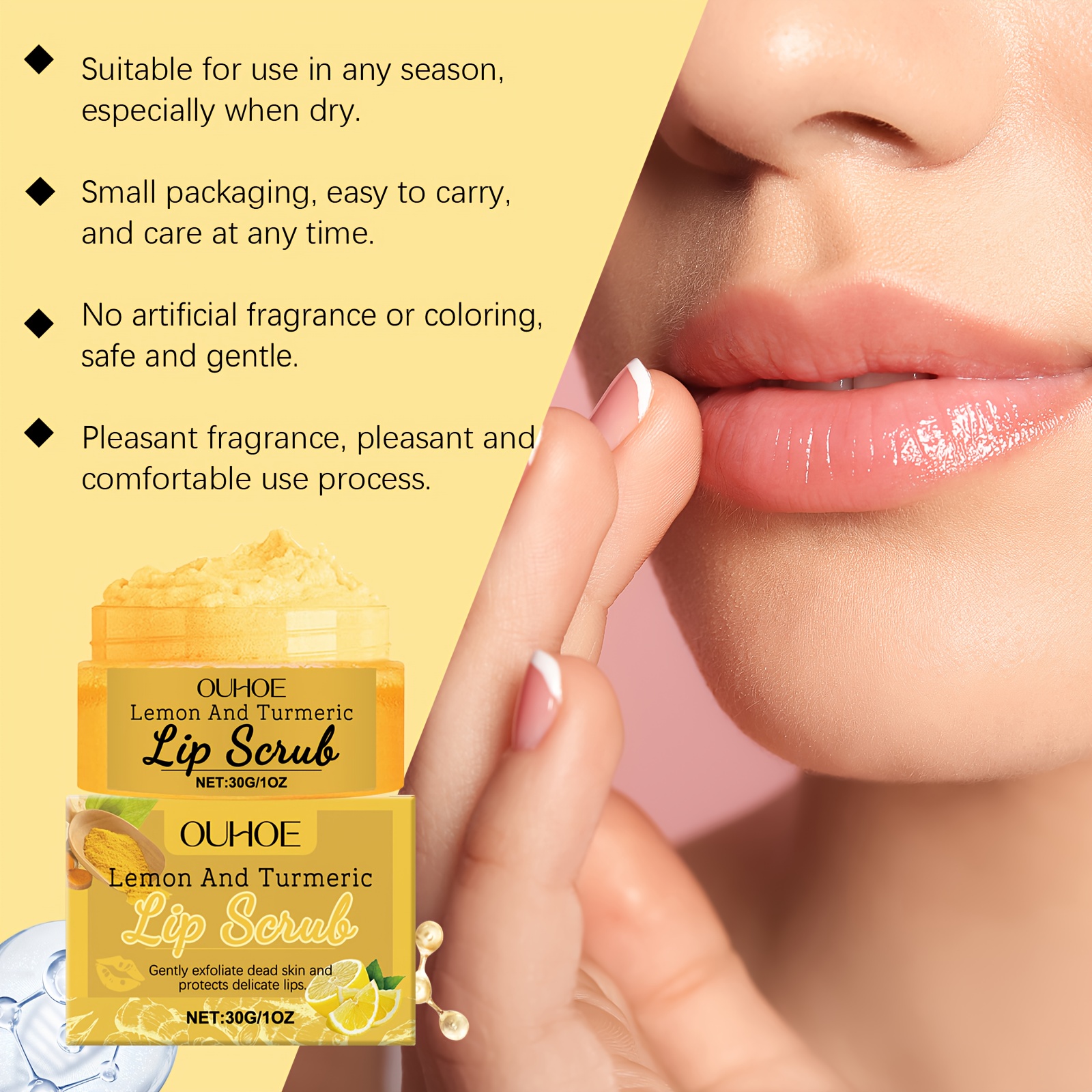 Turmeric Lemon Lip Scrub, Containing Turmeric Root, Lemon Fruit, and Aloe Vera Extracts. The Formula Has a Gentle, Lightweight, and Fine Texture. This Deep-hydrating, Mildly Moisturizing Lip Scrub Exfoliates and Softens Lips While Cleansing the Skin.