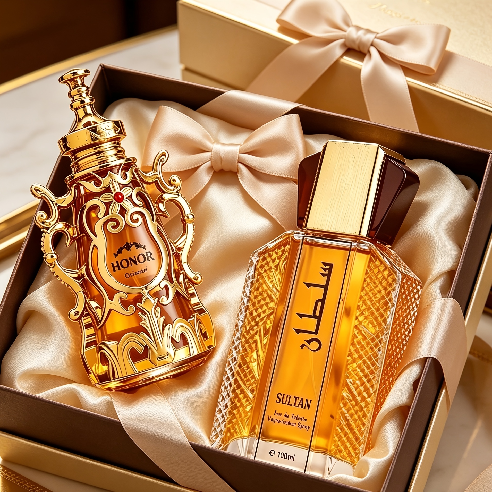 Image of 2pcs Arabian Series Large-capacity Luxury Unisex Hair And Body Spray Set Golden Decorative Floral Eau De Toilette Suitable For , Perfect Daily/holiday Gift For Yourself And (100ml*2)