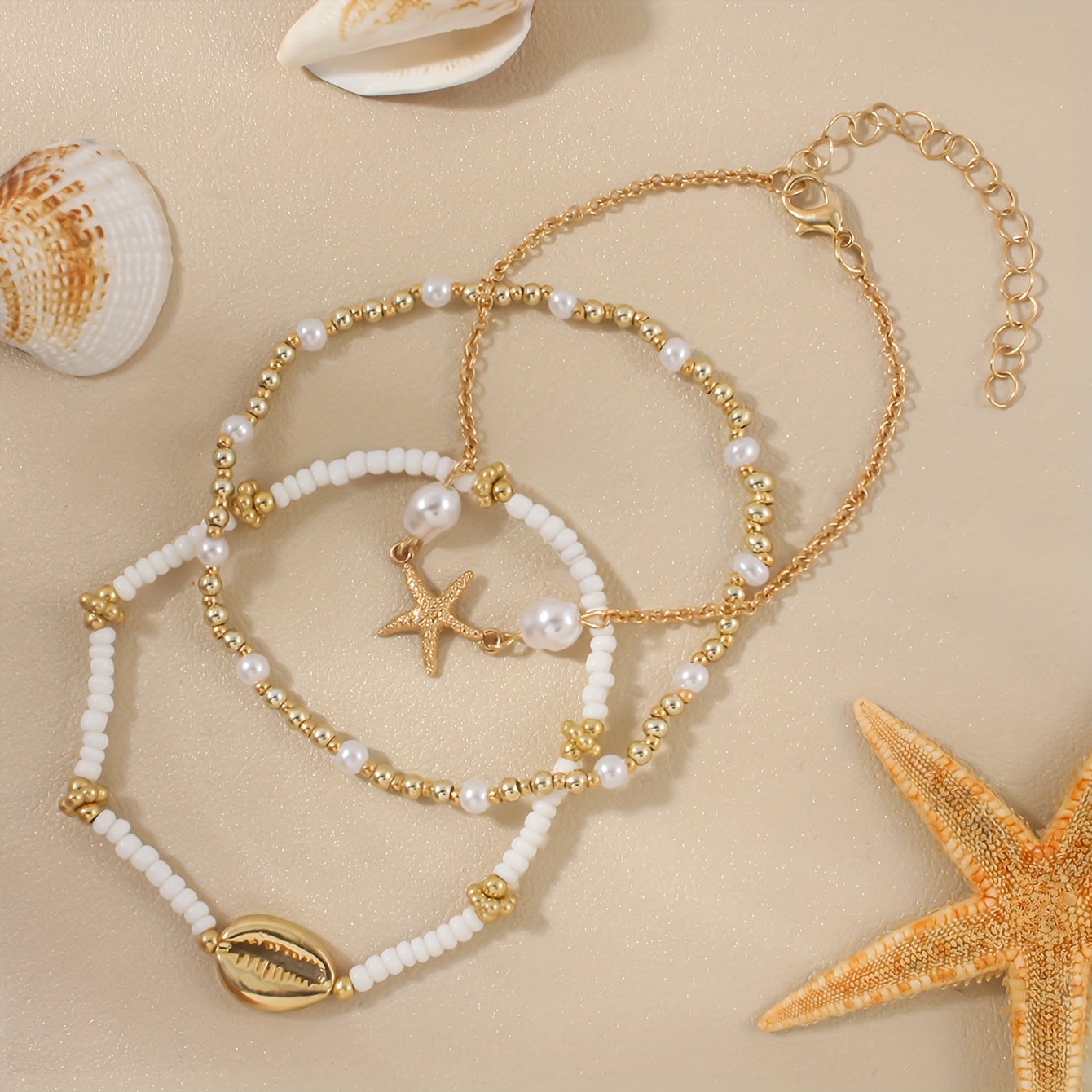 3pcs Bohemian Beaded Ankle Bracelets with Charms