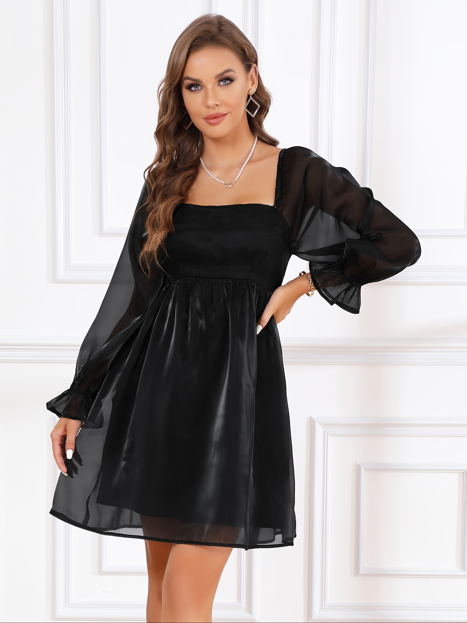 square neck a line babydoll dress elegant shirred puff - Temu