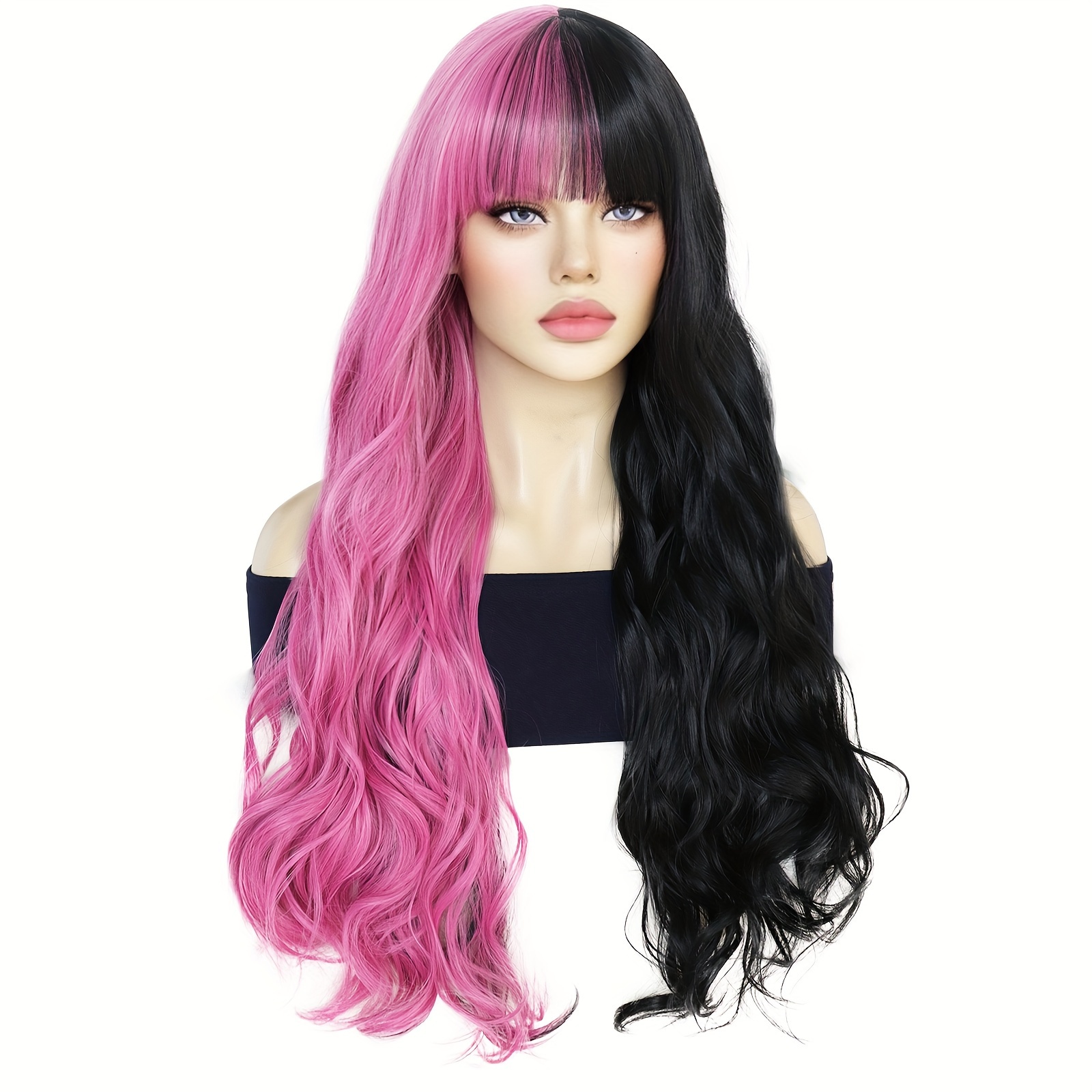 synthetic super long half black half cosplay wig - Temu display picture 1