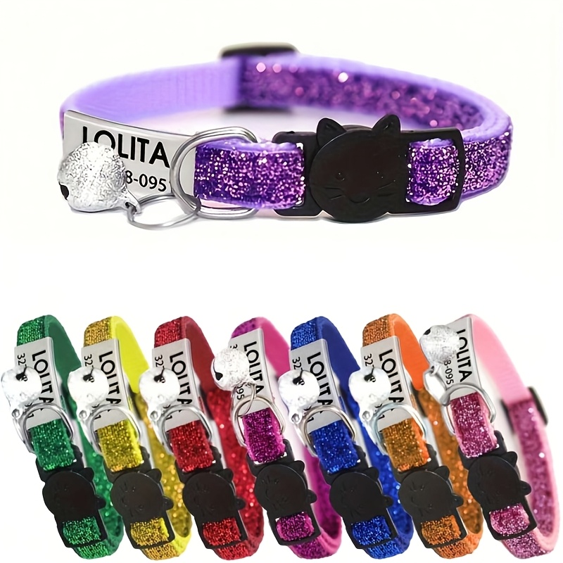 TEMU Custom 1pc Cat Collar Pet Cat Collar Cat Face Collar Safety Buckle Cat Circle Sequin Plush Collar, Personalized Id Name And Contact Information