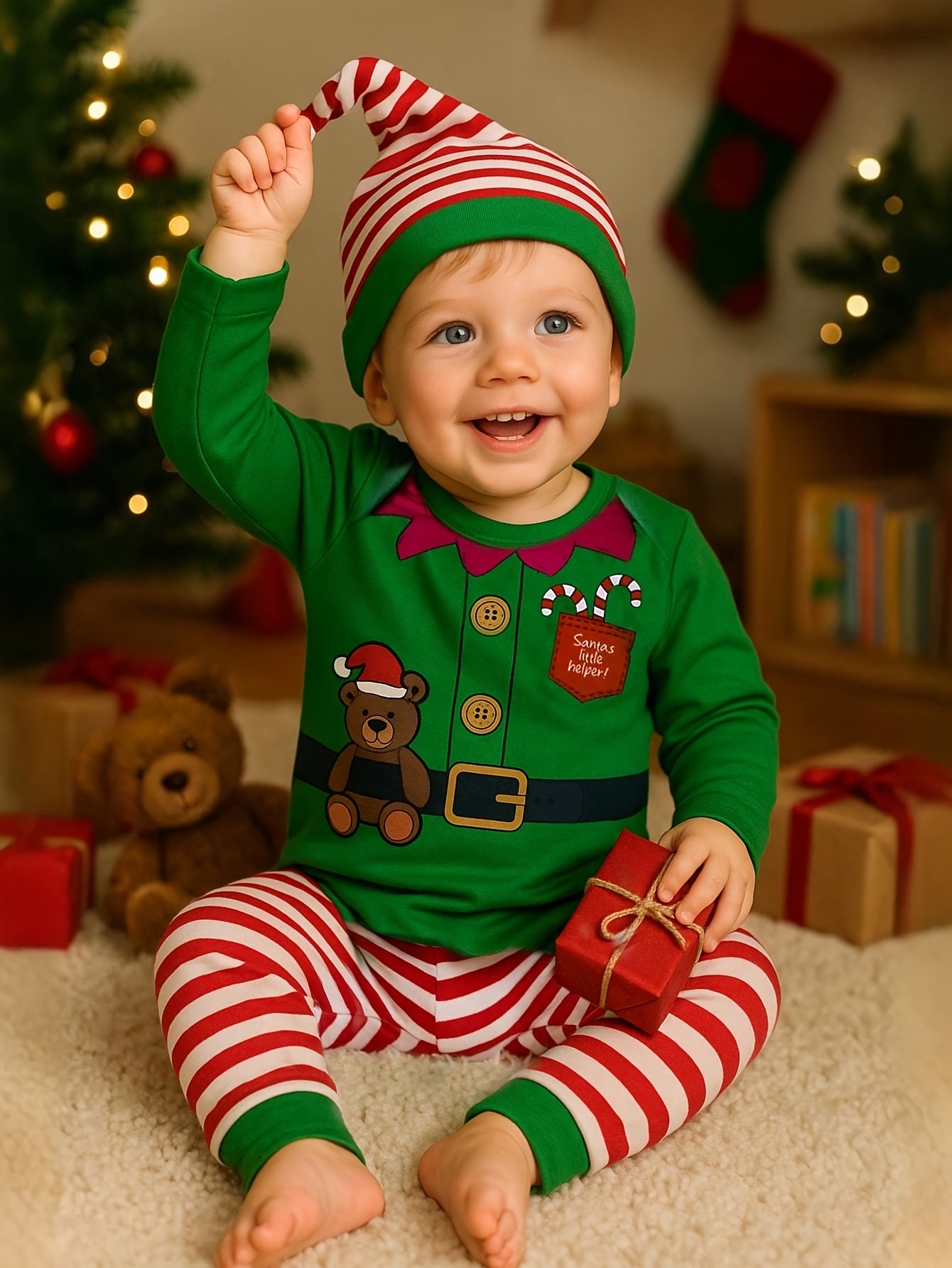 3-delige Baby Kerst Outfit Set - Lange Mouw Elf Romper, Gestreepte Broek & Hoed met Kerstman Hoed & Rendier Design, Zachte Stretch Stof, Knusse Winterkleding