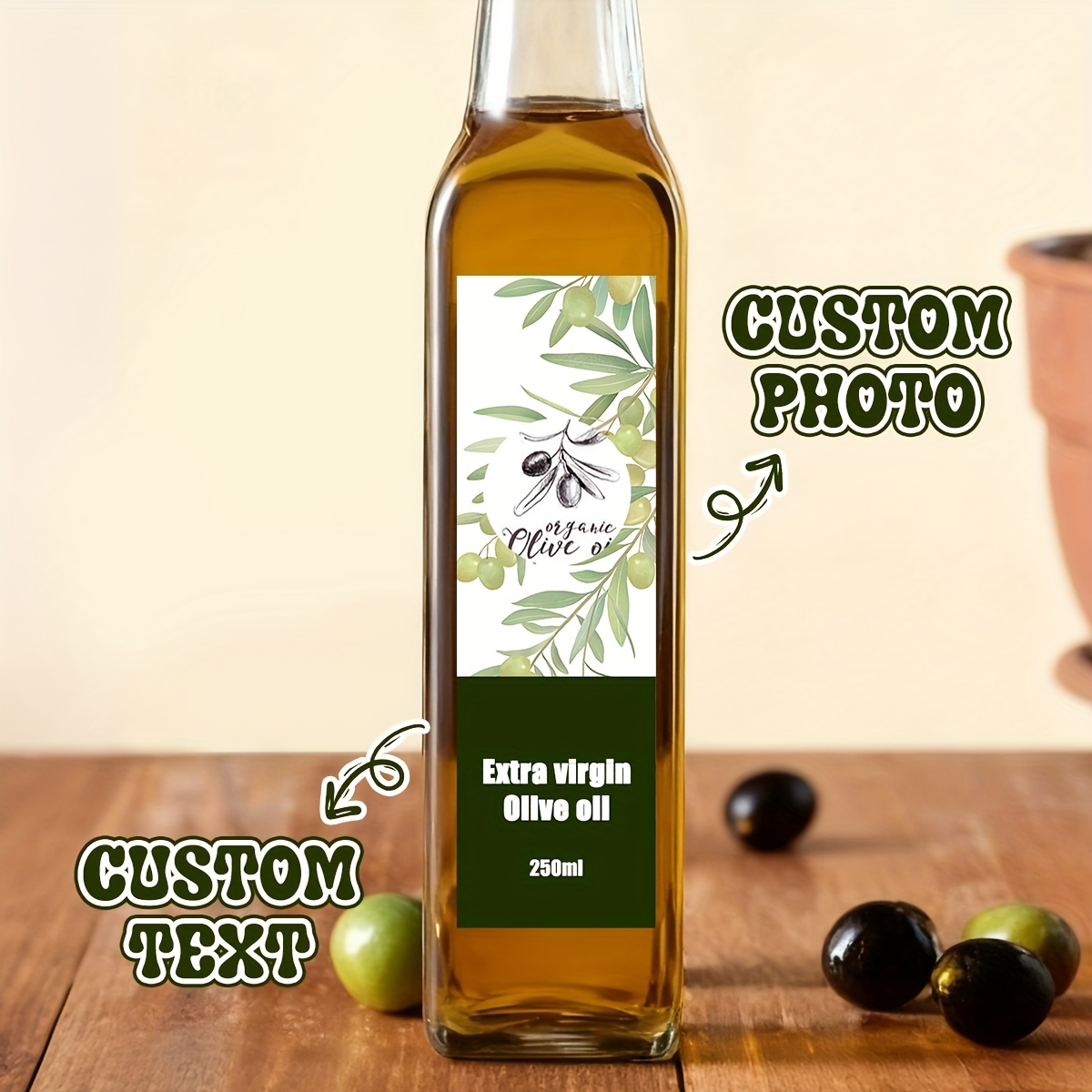 TEMU Lot de 20 autocollants personnalisés pour bouteilles d'huile d'olive, auto-adhésifs avec logo/ supplémentaire, adaptés à et à la décoration