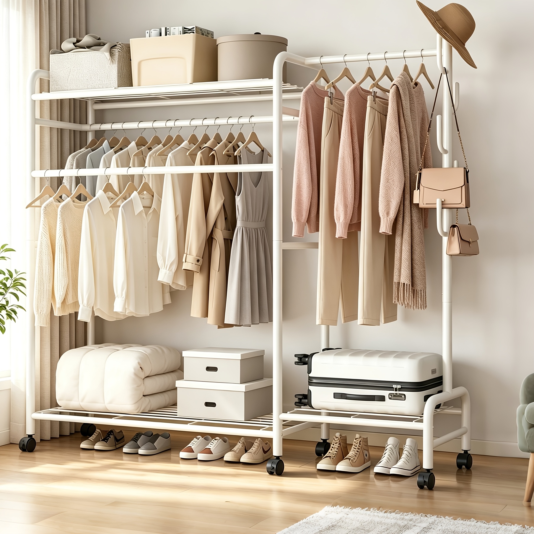 TEMU Heavy Duty Garment Rack Wardrobe Clothes Rails, Freestanding Clothes Rack With Shelves And Hanging Rods, Suitable For Bedroom, Office, Shop For