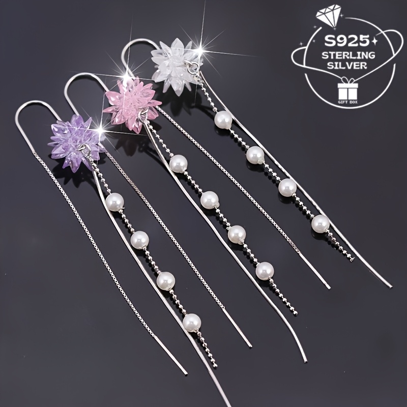925 Silver Long Ice Flower Freshwater Earrings