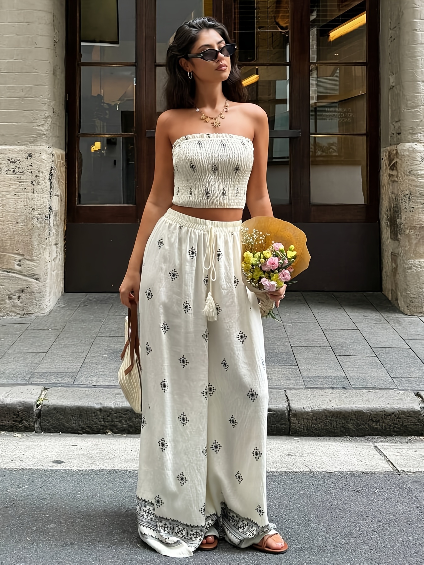 Two Piece Summer Holiday Trousers Women Floral Casual Two-Piece Sets V Neck  Holiday Top With Pants