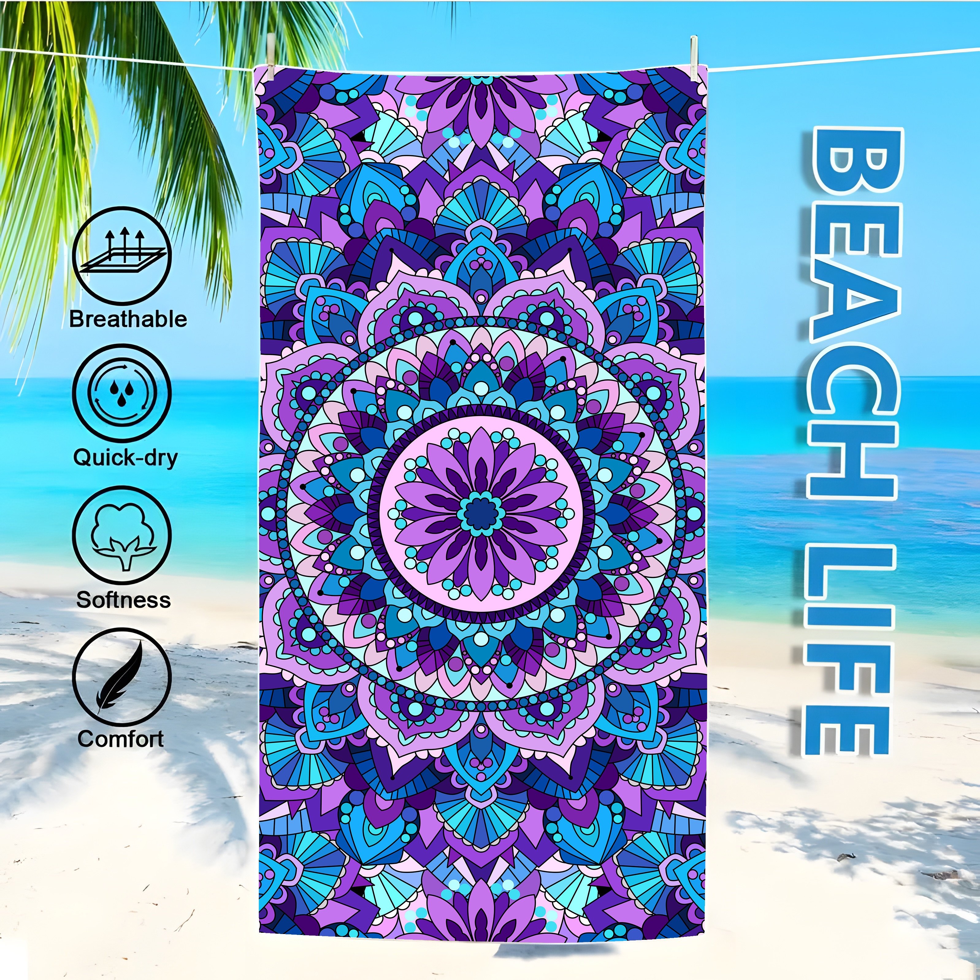 2 Piece Mandala Purple Beach Towels Microfiber Soft Absorbent_voghion.com