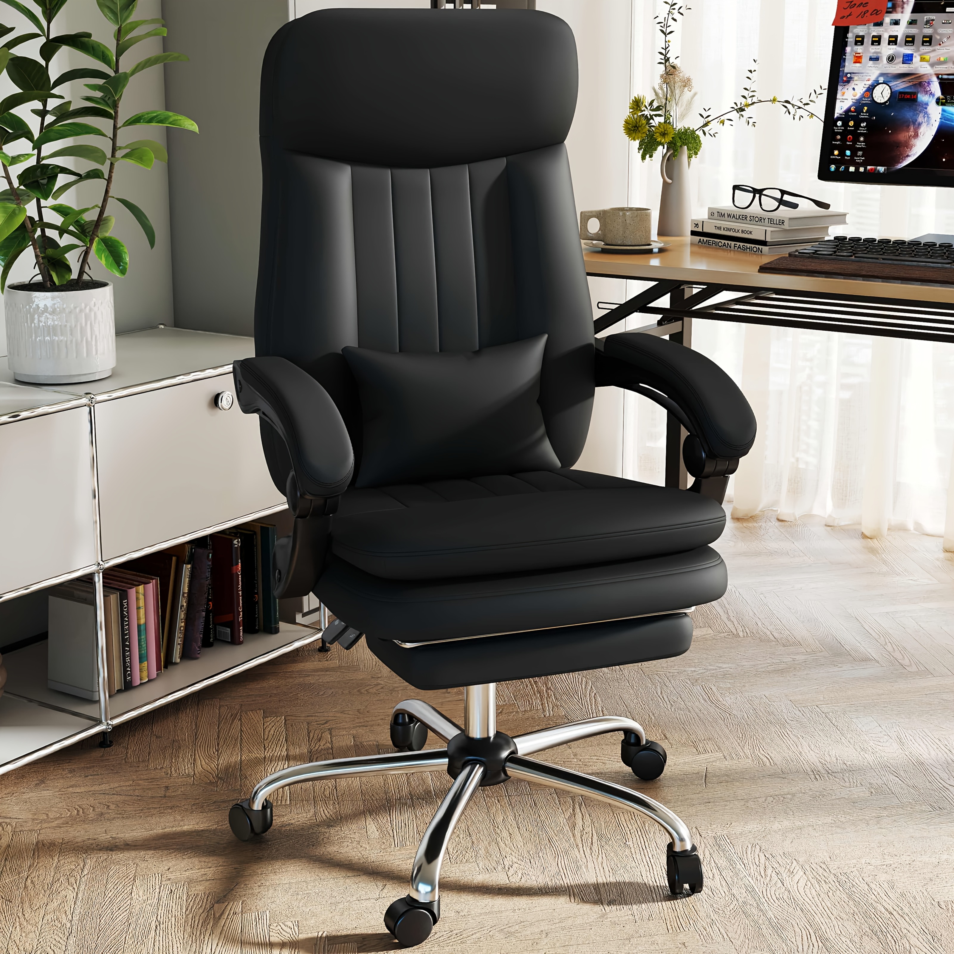 Office Chairs, Big High Back Pu Leather Computer Chair, Executive Office Chair With Footrest Ergonomic Office Chair Home Office Desk Chairs 135° Reclining Backrest With Lumbar Support, Yellow