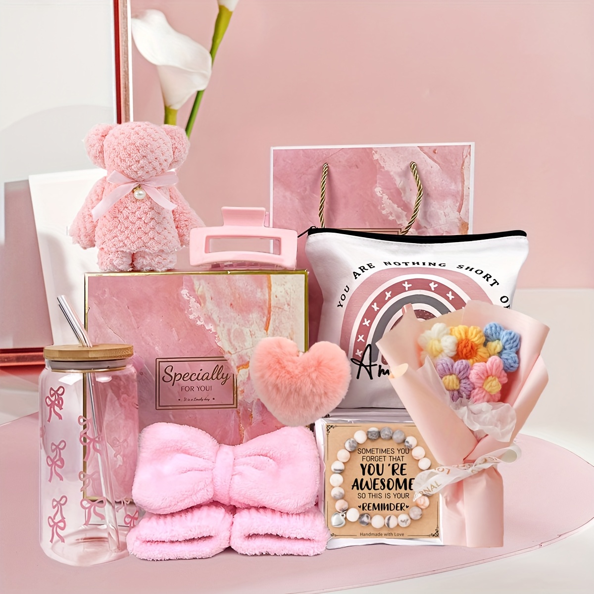 E-shop Geschenk für Sie/Ihn – 12-teilige Geburtstags-Geschenkbox für Damen, inklusive Handtücher, Armbänder, Wasserbecher, Anhänger, Blumen kreative