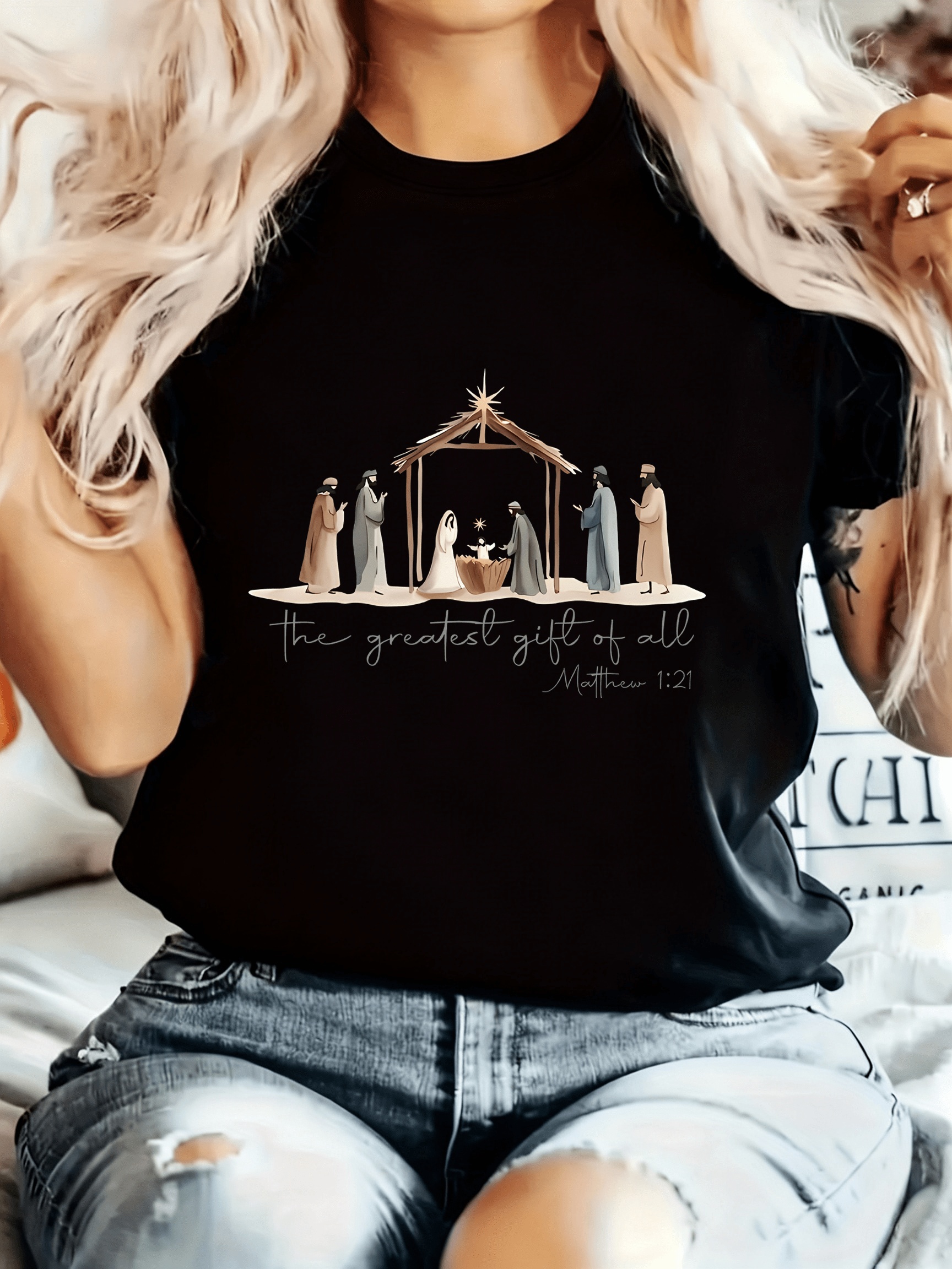 item picture faith inspired graphic tee   gift of all   birth scene with angels shepherds black crew neck short sleeve regular   season casual wear   tshirt religious tshirt   christmas tshirt