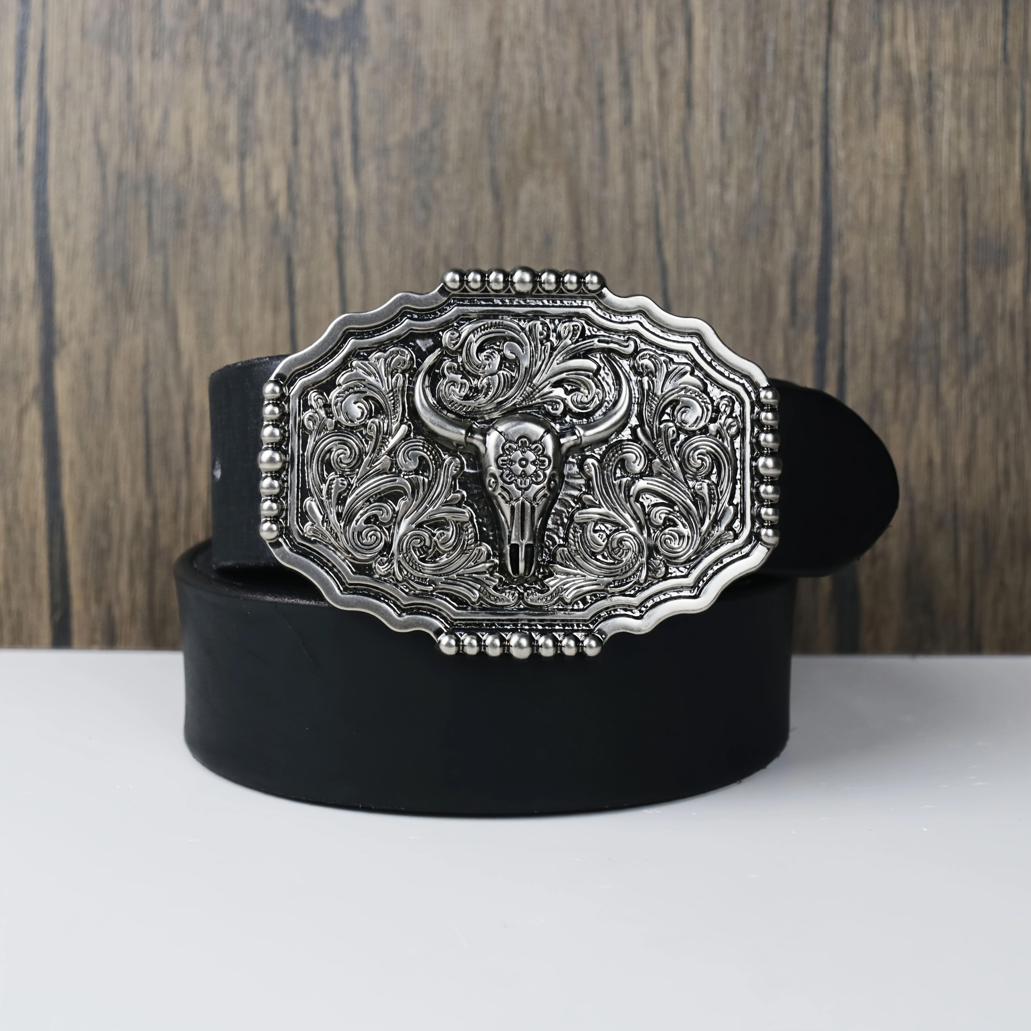 TEMU Western Vintage Wild - Style Genuine Leather Belt - Featuring An Vintage - Brass Carved Bull - Head Metal Design - Of Wild Unruliness And Ornate