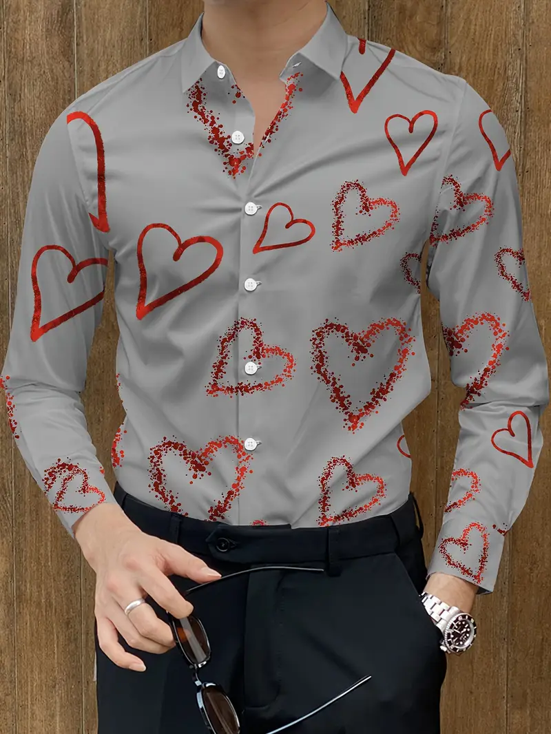 valentines dress shirt BlankRift Short Sleeve Dress Shirts for Men Valentines Day Love Heart Print Lapel Button Up Shirt Men Regular Fit Casual Tops Date Night Outfit Lightweight Dress Shirt Men Red XXXL