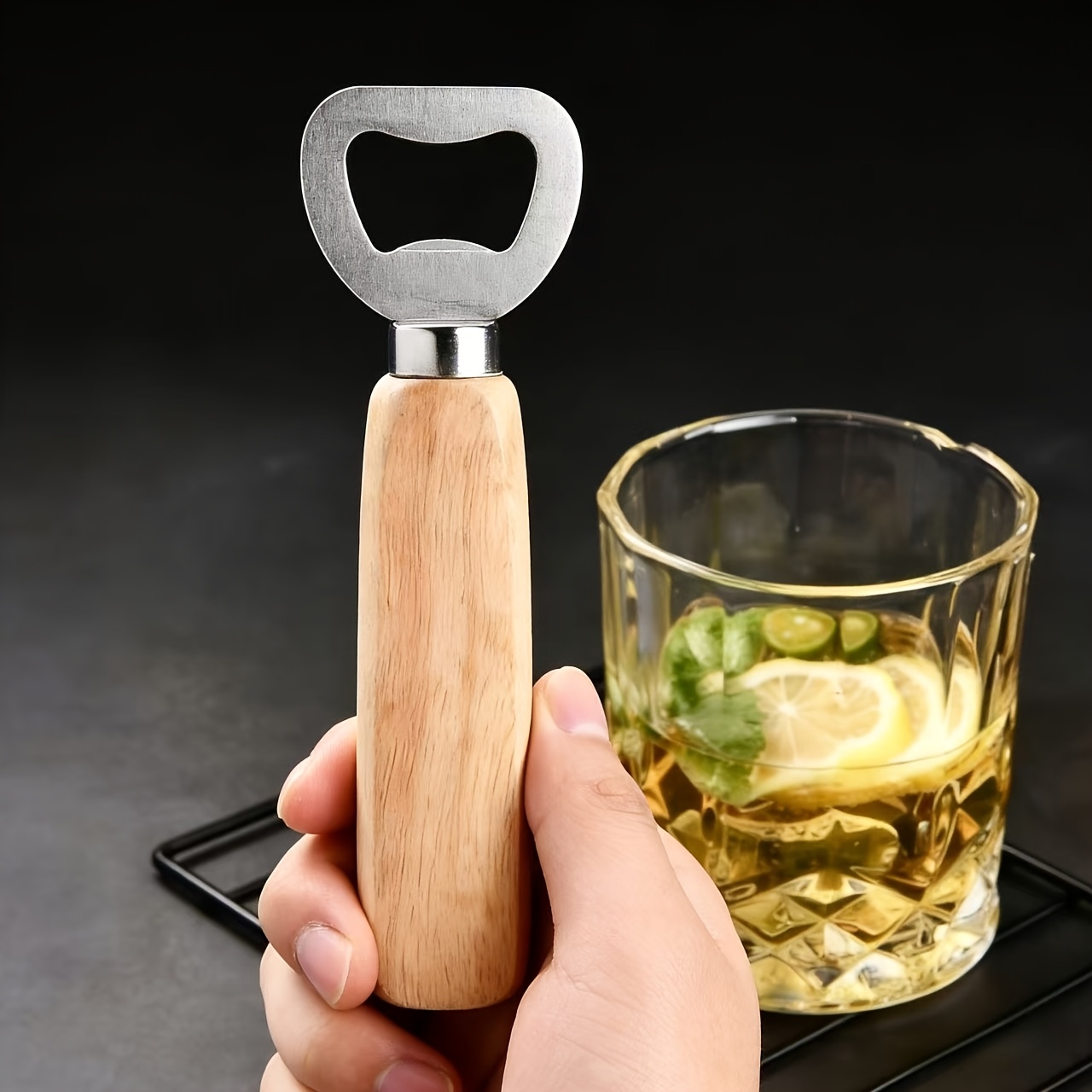 Image of Portable Stainless Steel Bottle Cap Opener With Ergonomic Wood Handle, Heavy Duty Manual Beer Opener, Compact Universal Bar Tool For Household Travel Camping Party Use