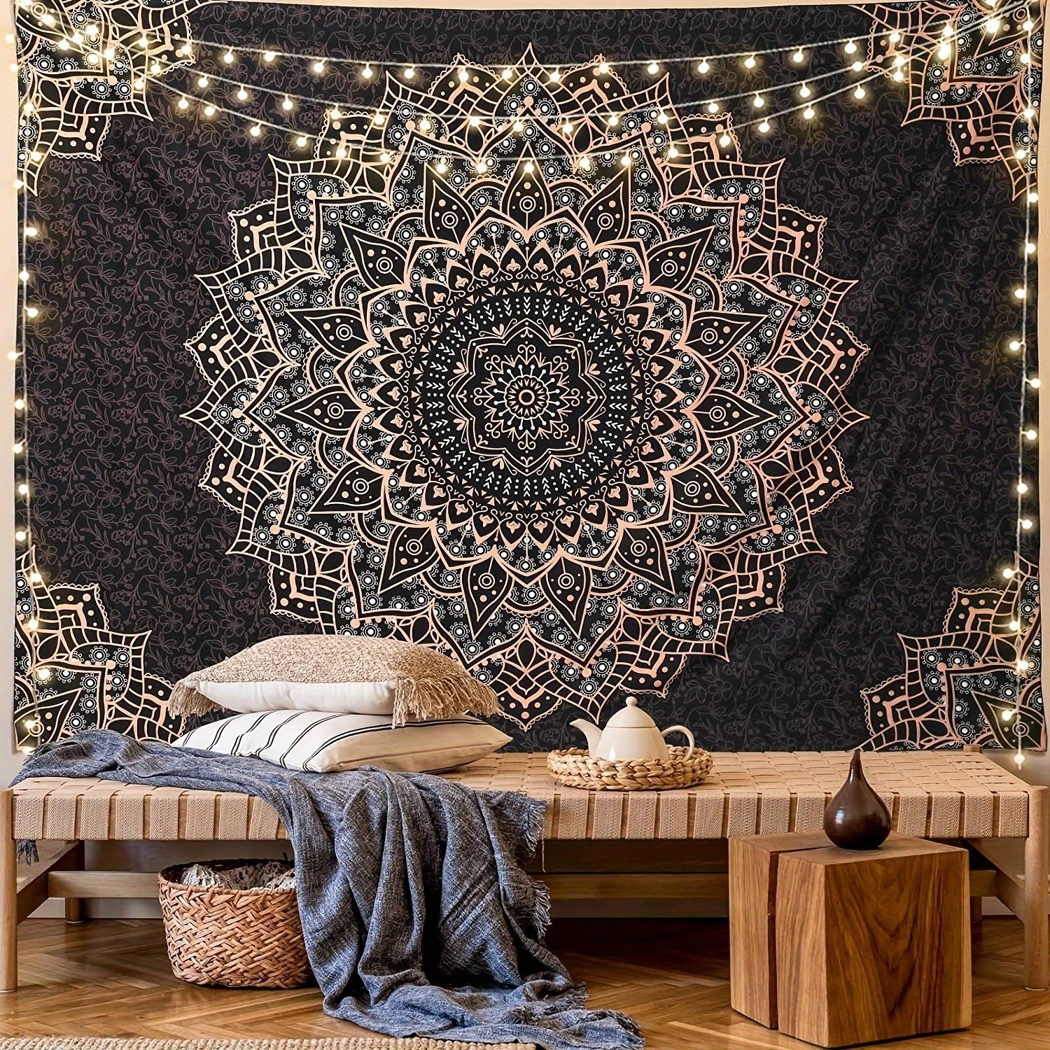 TEMU Une tapisserie mandala noire avec des floraux, orientation paysage, idéale pour la décoration murale de , parfaite pour les célébrations de