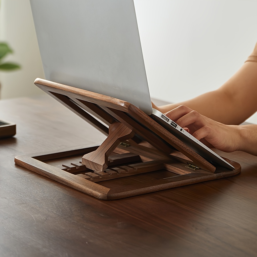 1pc pine   walnut notebook computer stand foldable wooden notebook computer stand adjustable computer wooden stand holder increase cooling stand solid wood foldable portable suitable for desktop portable universal notebook computer stand multi angle suitable for   sizes of notebooks 3 materials details 4