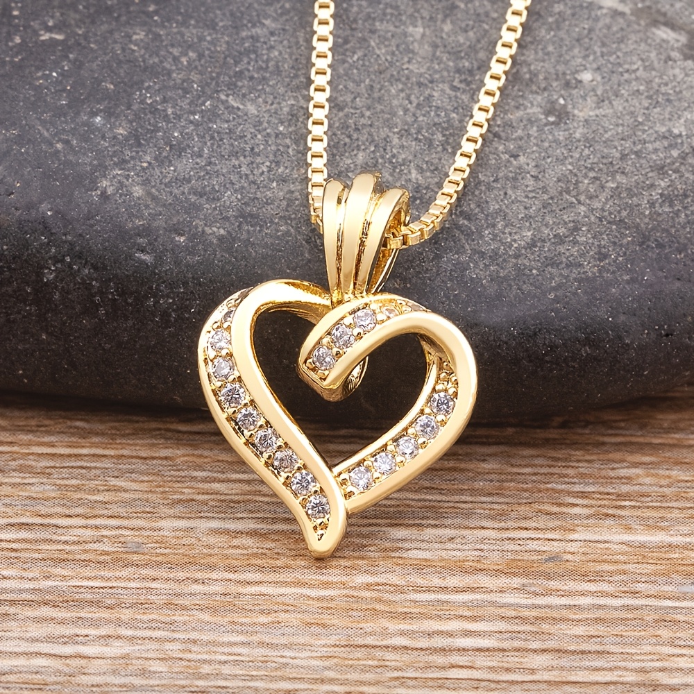 TEMU Elegant 18k Golden Plated Copper Heart Pendant Necklace With 3a Zirconia, Spiral , Crystal Jewelry For Women, & Christmas Gift