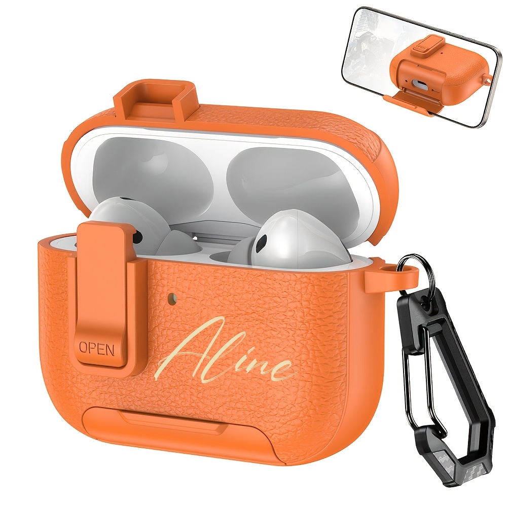 TEMU [Personnalisé] Étui pour écouteurs avec personnalisées, motif litchi, boucle de verrouillage, support DIY pour for 1 2 3 4 Pro 2 Pro 3,