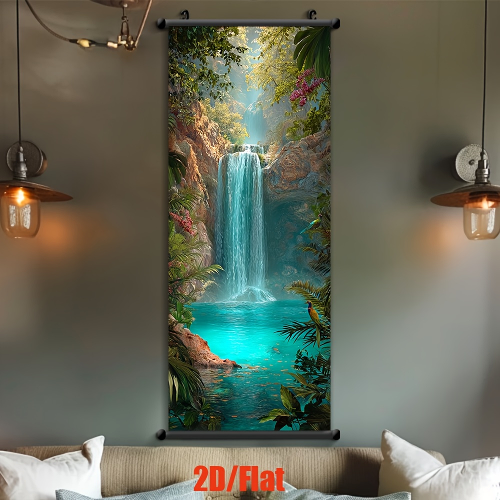 TEMU 2d Flat, [jit]1pcs, 2d Flat, Scroll Poster, Waterfall In Middle Of Tropical Jungle, Posters And Printed Materials, Living Room, Office, Library,