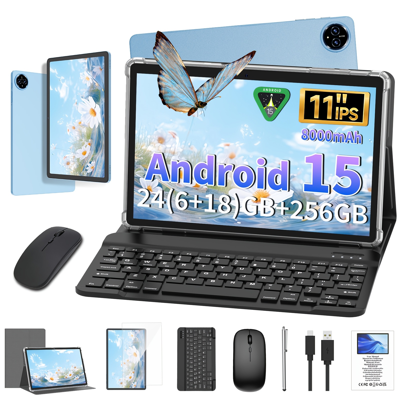 TEMU 2026 Newest 11" 2-in-1 Tablet - Fhd Ips Touch Display, 24gb (6gb+18gb ) +256gb Storage, Core T615, 8000mah Battery, 5mp+13mp Dual Cameras,