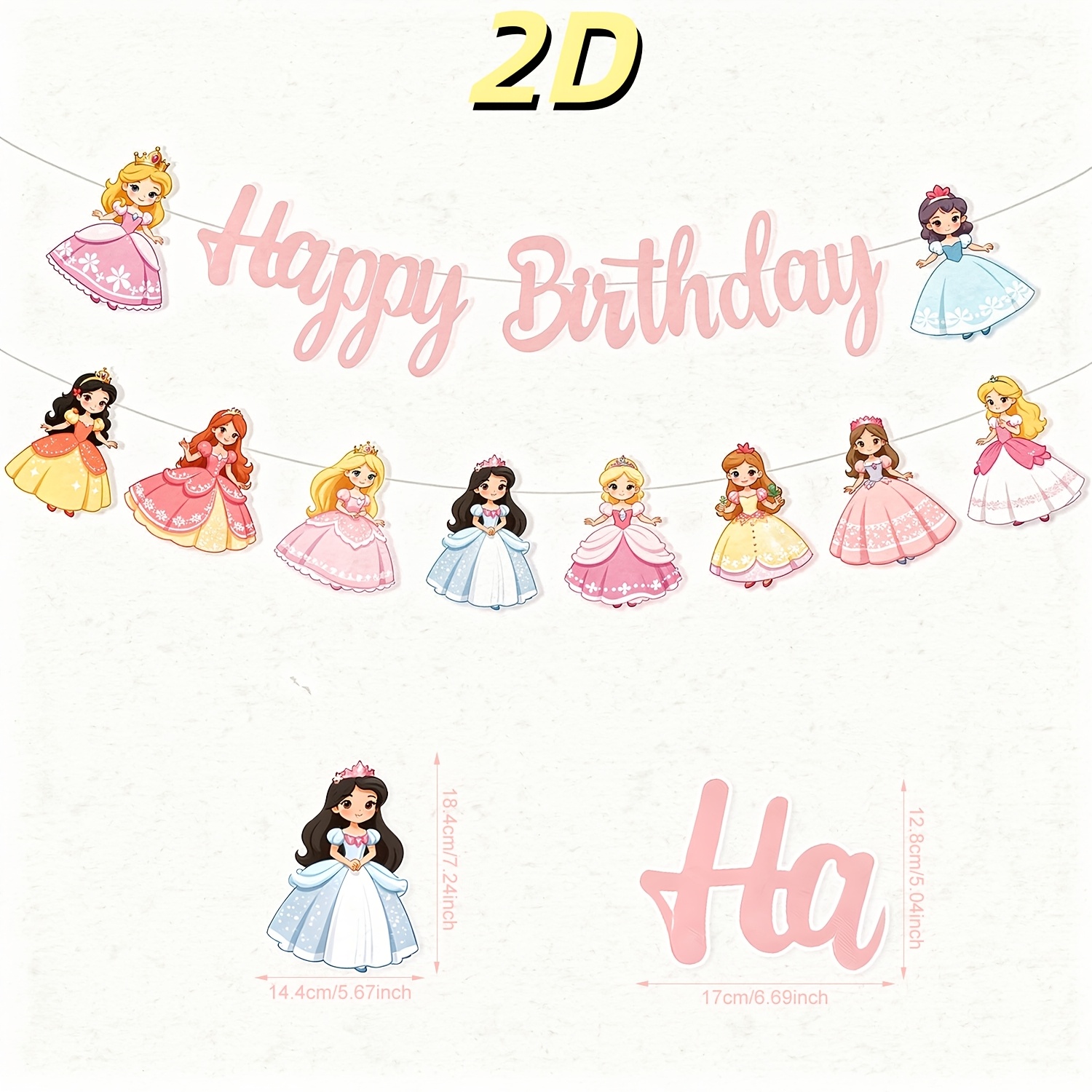 Image of 2d Pink Cartoon Princess Birthday Banner, Paper "happy Birthday" Banner Set With Princess Character Elements, Tale Style, Princess And Birthday Party Supplies, Wall And Background Decorations