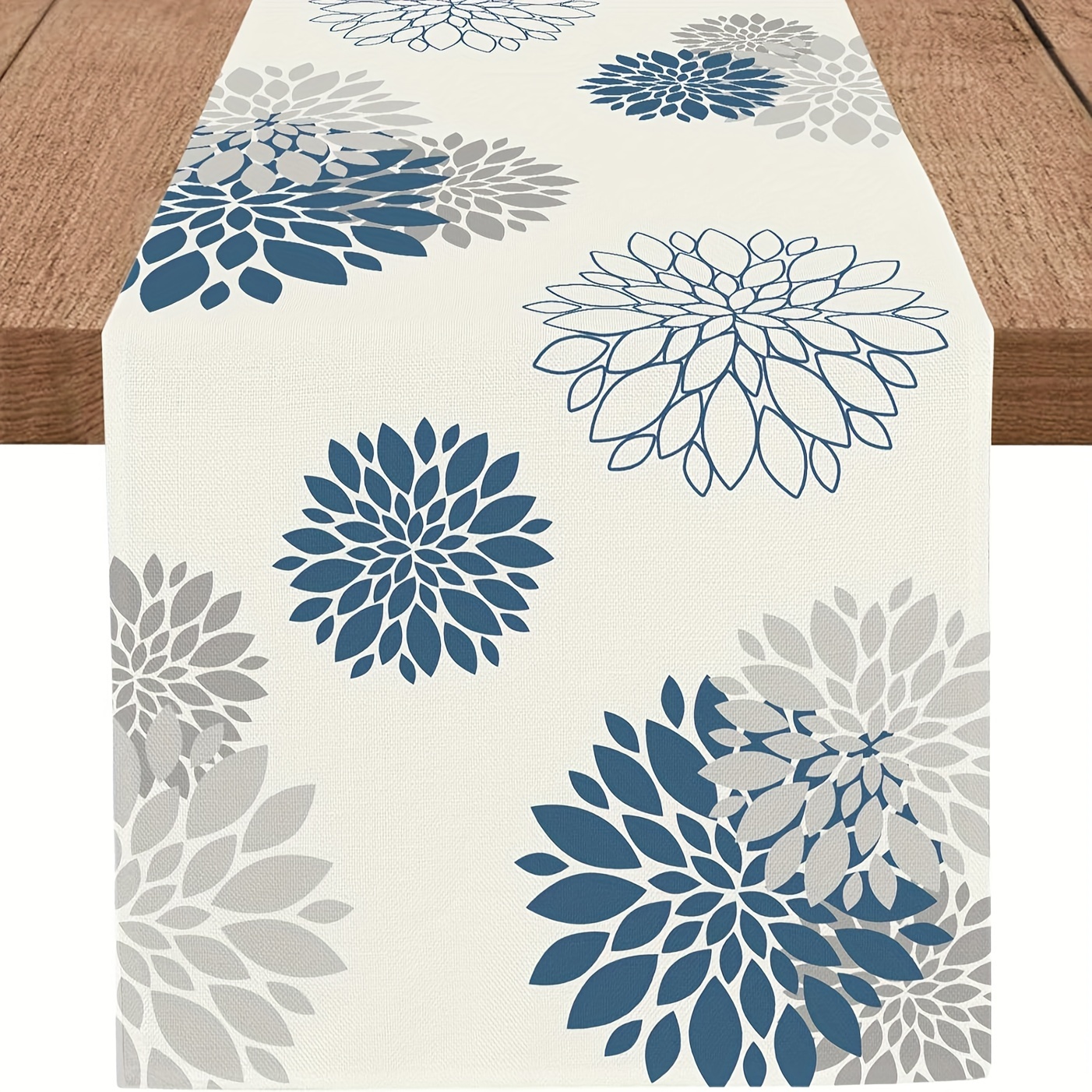 

Elegant Floral Table Runner With Beige Pompom Accents, Modern For Family Dining And Party Decor, Linen Rectangular Centerpiece