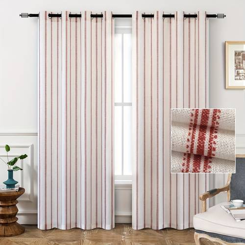 farmhouse linen blend blackout curtains 96 inches long for bedroom vertical striped printed linen curtains thermal insulated grommet lined for living room 2 panels w52 x l96 red