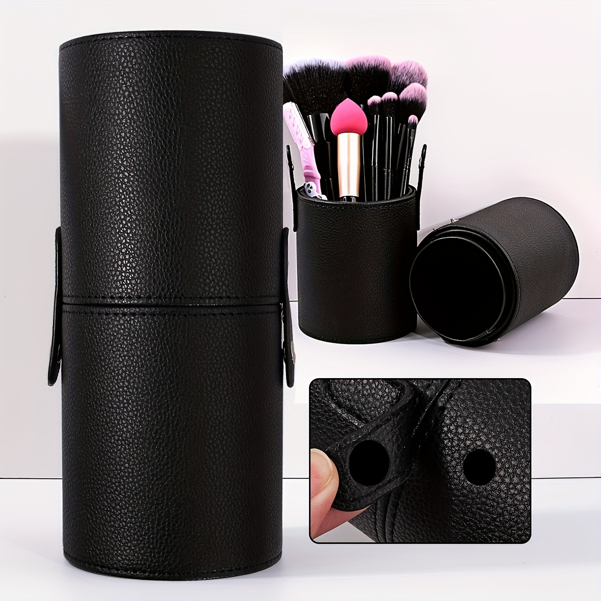 Large Capacity Makeup Brush Holder Synthetic Faux Leather – Portable Cosmetic Storage Featuring Zipper Closure And Compartments For Brushes And