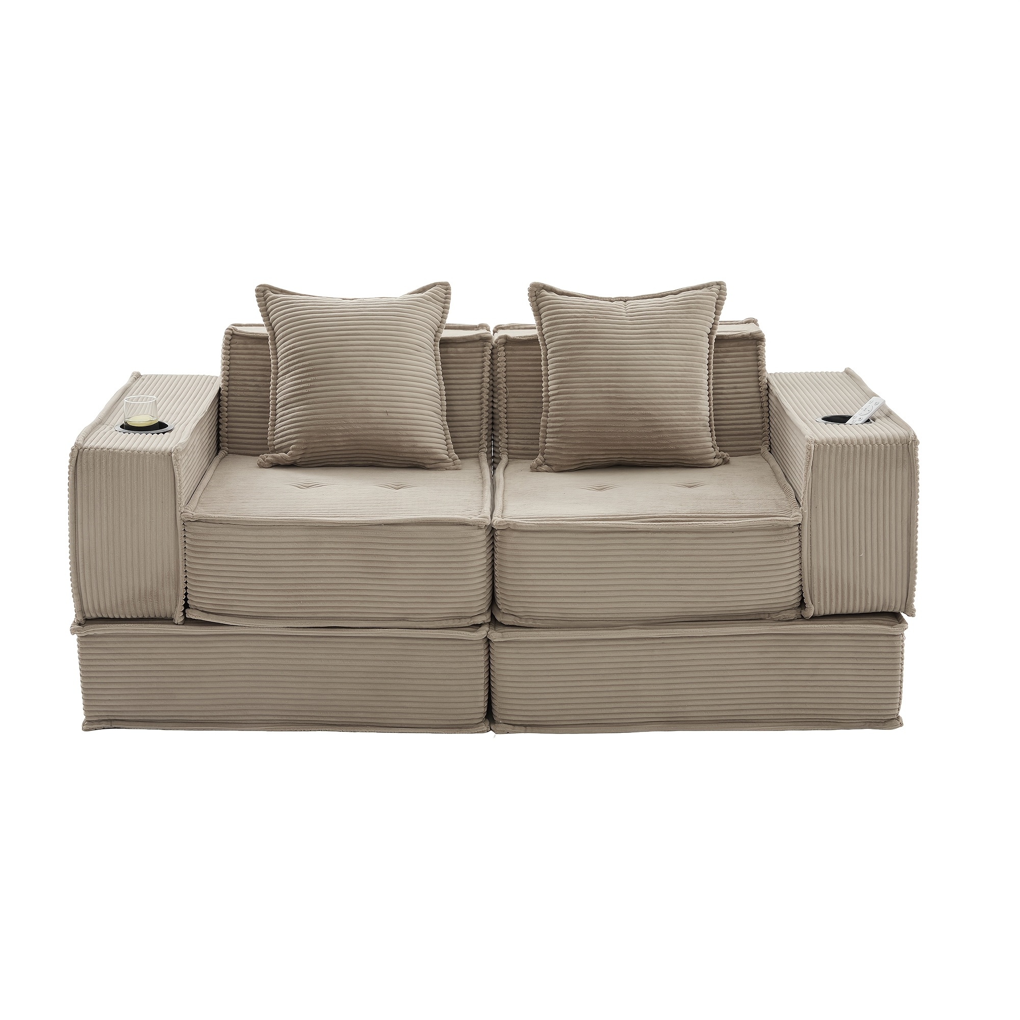Image of Modern Loveseat Sofa Bed, Comfortable Loveseat With 2 Cushions, Includes Decorative Footstool With Side Storage And Cup Holders, Suitable For Living Room, Bedroom, And Study