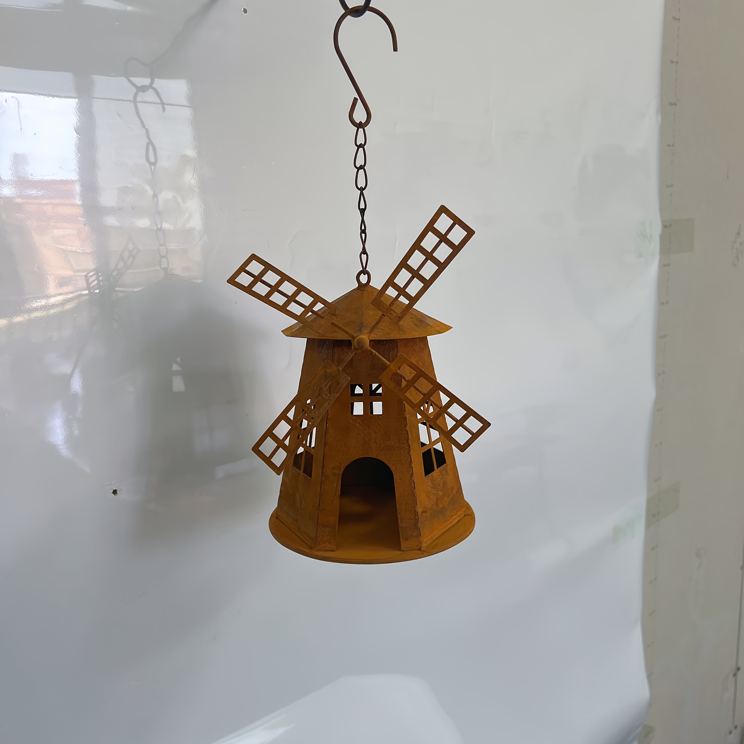 TEMU Rusty Metal Windmill Candle Holder, Hanging Vintage Tealight Lantern, Outdoor Garden Patio Bird Feeder Decor
