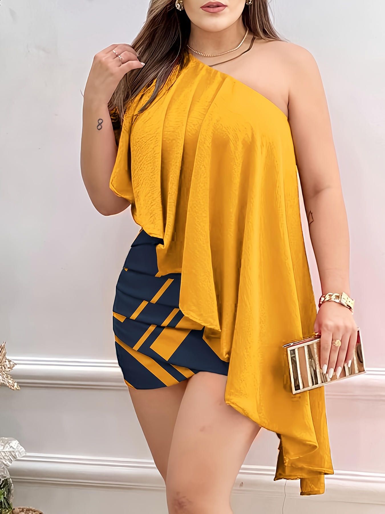 women's elegant shoulder ruffle mini dress vibrant yellow Temu