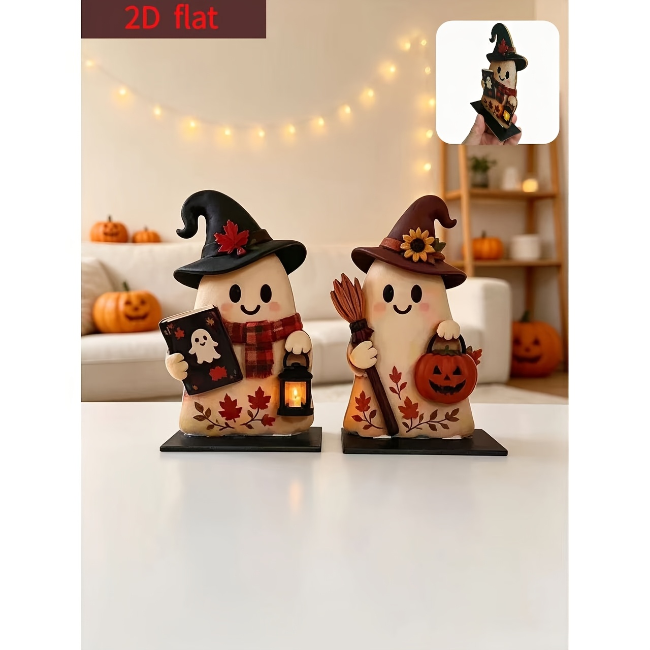 TEMU 2d Flat, Autumn Halloween Cute Wooden Standee 2pcs Set, Warm And Cartoon Design, Featuring Wizard Hat, , And Jack-o'-lantern Elements, Retro