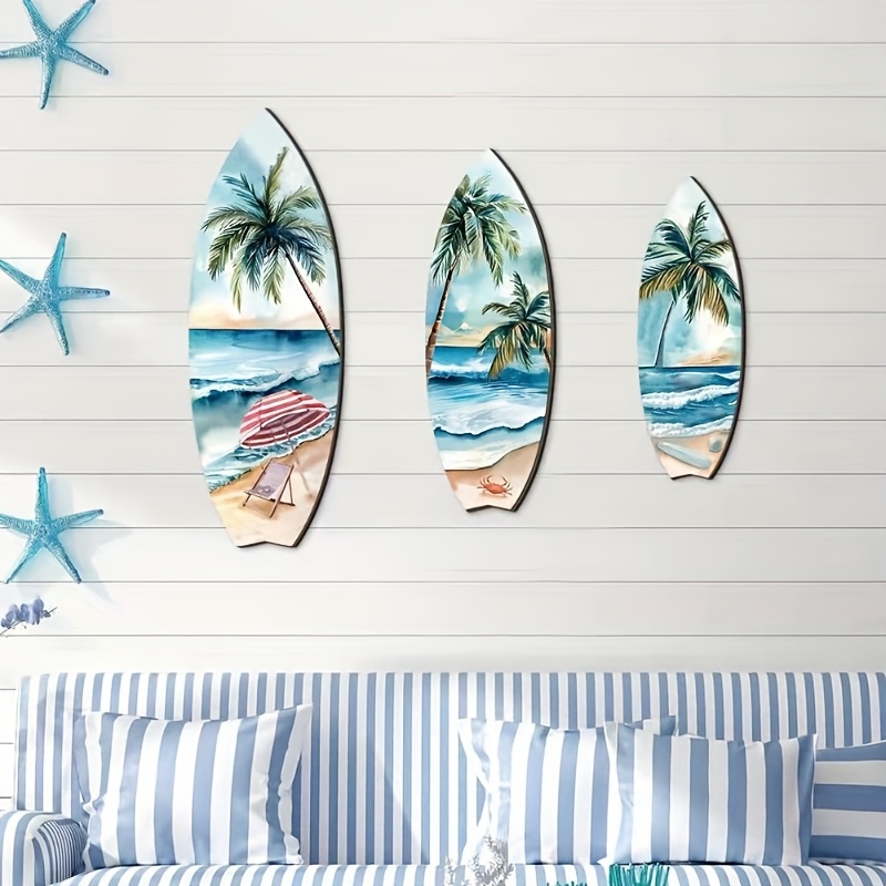 

1 Set Of 3pcs Of Summer Surfboard Wooden Wall Hangings, With Scenery Patterns Such As Waves, Beach, Coconut Trees, Umbrellas, Etc., Wooden Wall Decorations