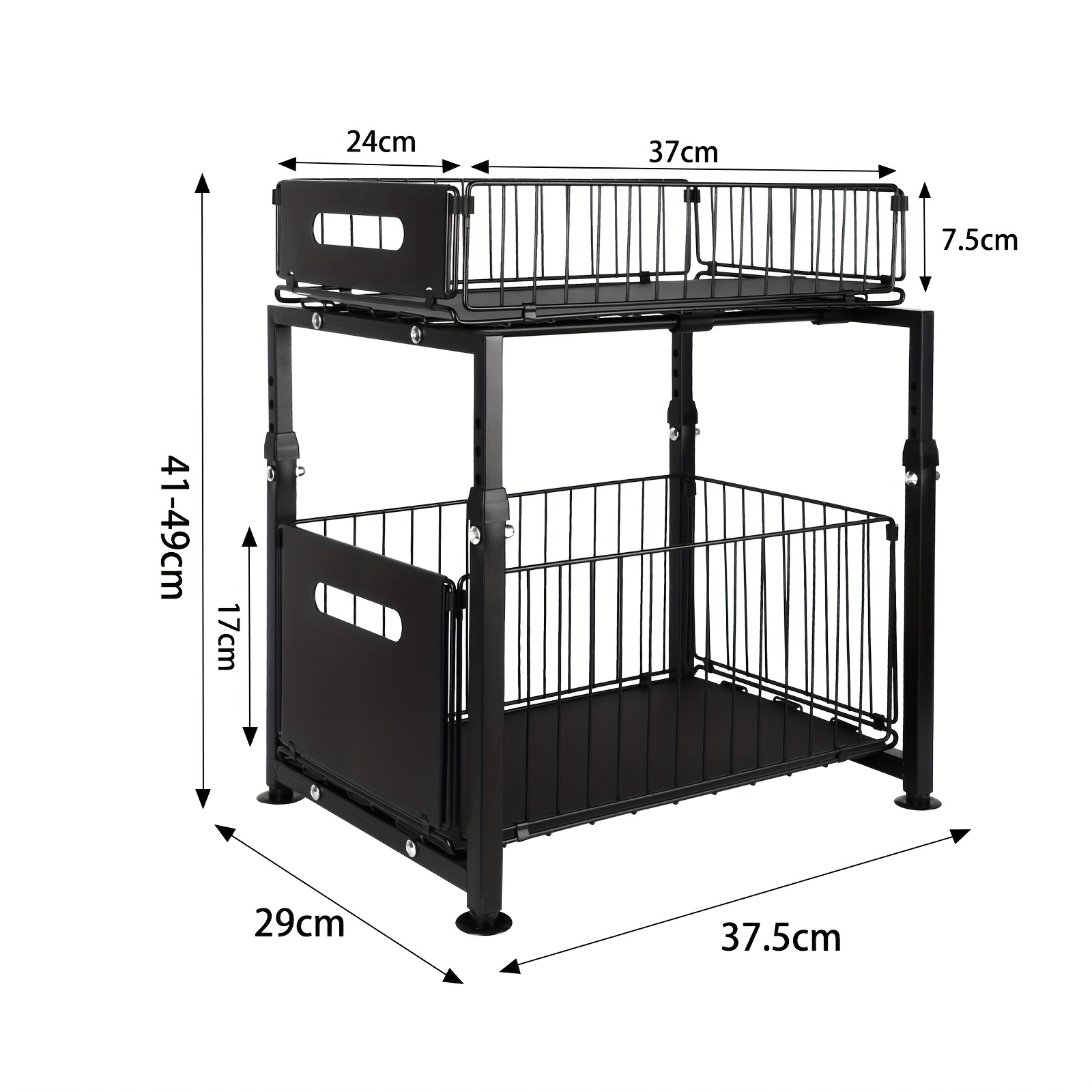 Two-tier Sliding Basket Drawer Organizer, Pull-out Storage For Under Sink Cabinets, Metal Shelving For Bathroom Or Kitchen, Sliding Countertop Or Pantry Shelf, Large Black Size 29x38x49cm