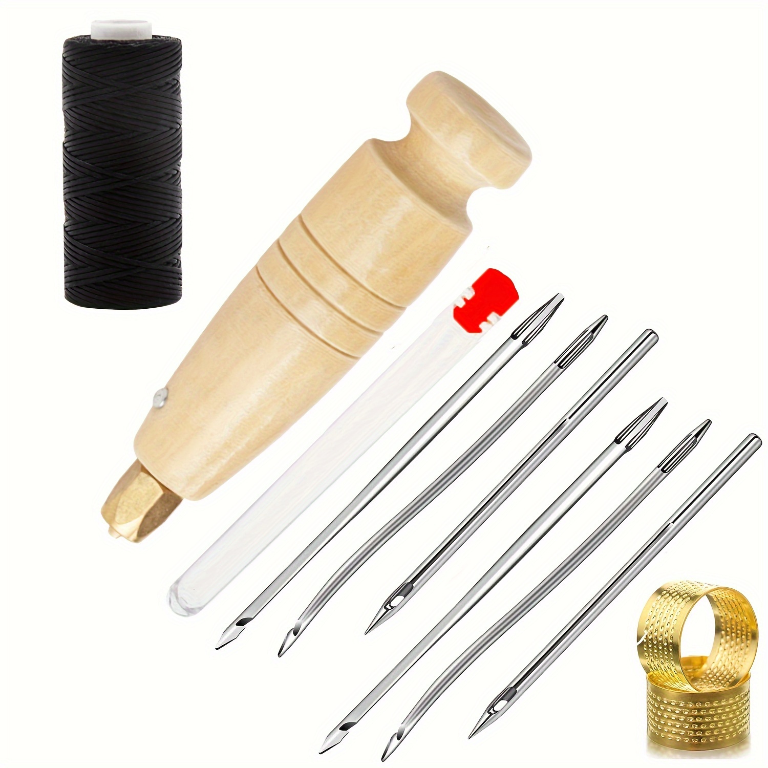 

11-piece Leather Sewing Kit - Diy Wooden Handle Stitching Awl With Lacing Needles For Leather, Canvas, Tent, Shoe Repair - Includes 3 Colors Of 30m Wax Thread