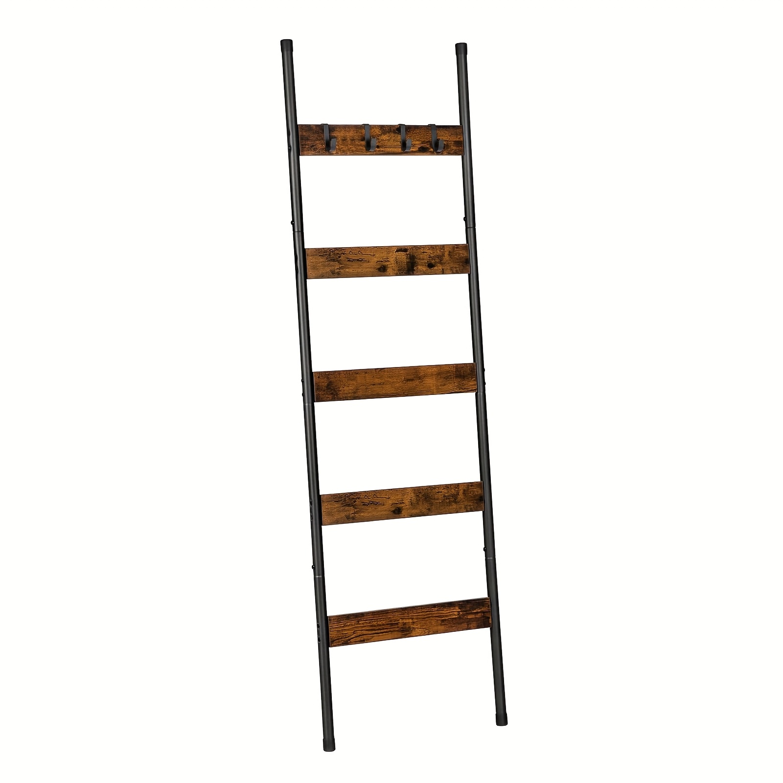 TEMU 5-tier Wall- Blanket Ladder & Towel Rack With Hooks - Industrial Rustic Wooden Shelves, Sturdy Metal Frame, Space-saving Storage For Bedroom,