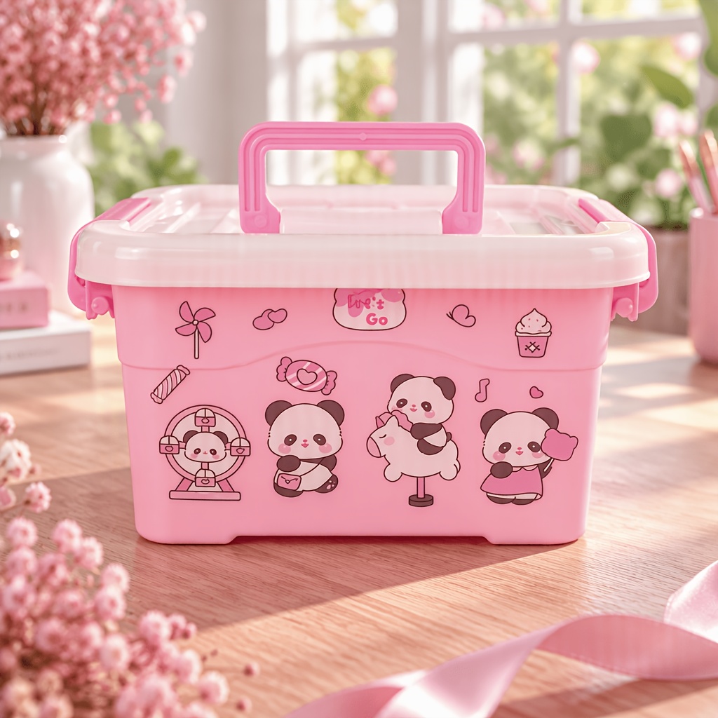 TEMU Plastic Storage Box With Lid, Cute Panda Print Portable Storage Caddy With Handle & Dual Buckles, Smooth Stackable Organizer Bin, Multipurpose