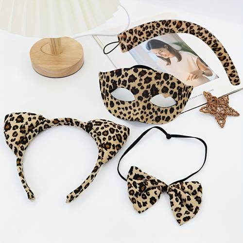 4pcs leopard print mask halloween costume set including print bow tie one headband one tail christmas birthday parties carnival parties and ball costume accessories