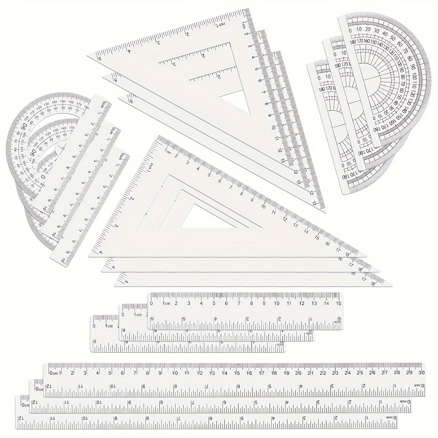 18pcs Geometry Kit With Plastic Rulers, Protractor - Inch & Metric Measurements For Classroom And Office Use