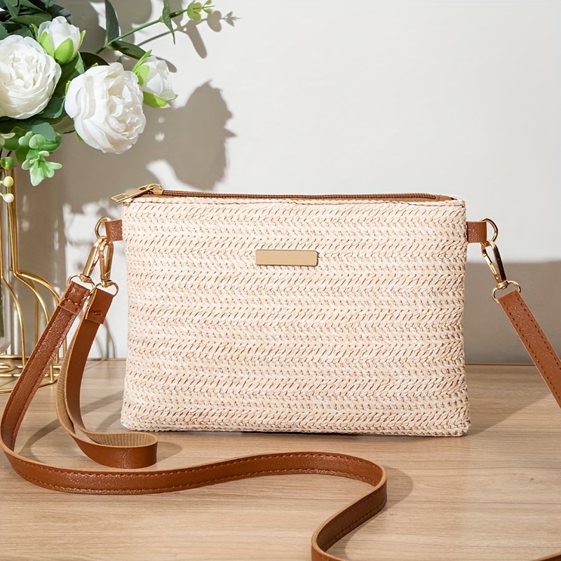 Easy Straw Woven Crossbody Bag, Woven Fabric And Contrast And Adjustable Shoulder Strap, Portable Mobile Phone Bag Coin Purse