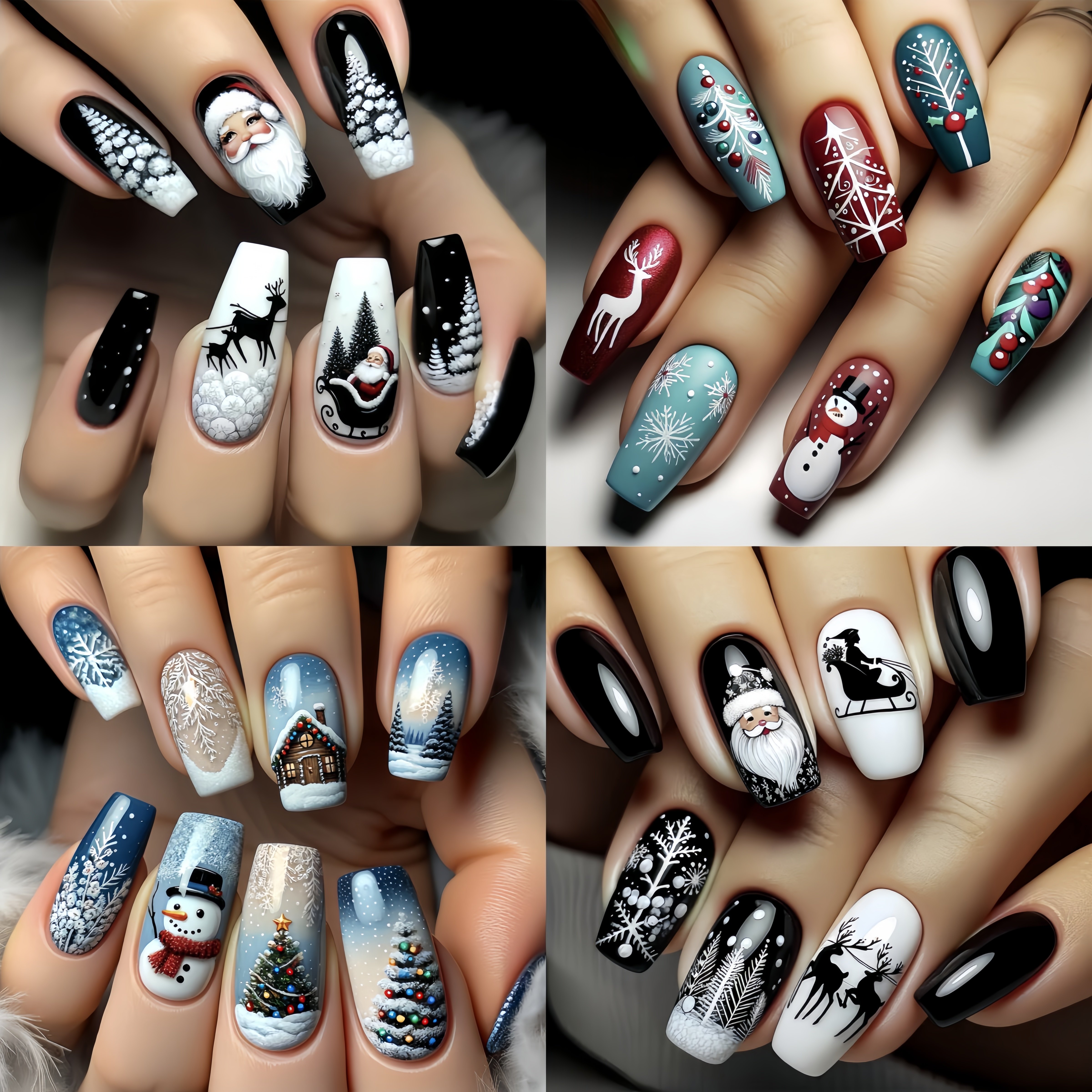 

96pcs Christmas Press-on Nails Set - Long , With Santa, Reindeer & Designs In Blue/black
