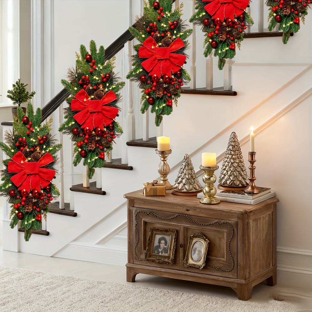 2-Pack 24-Inch Christmas Wreaths, Suitable for Doors, Stairs, Home Decor, Festive Christmas Wreaths (Red, Classic Style), Stair Hanging Wreaths, Christmas Ornaments