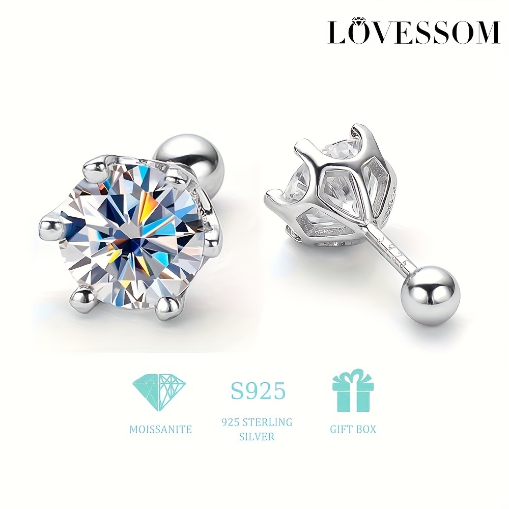 

1 Pair Lovesom Vintage Style 925 Sterling Silveryy Moissanite Stud Earrings, Unisex Hip Hop Fashion Jewelry, With 18k Golden Plating, Spiral Ear Backs, Gift Box Included For Gift