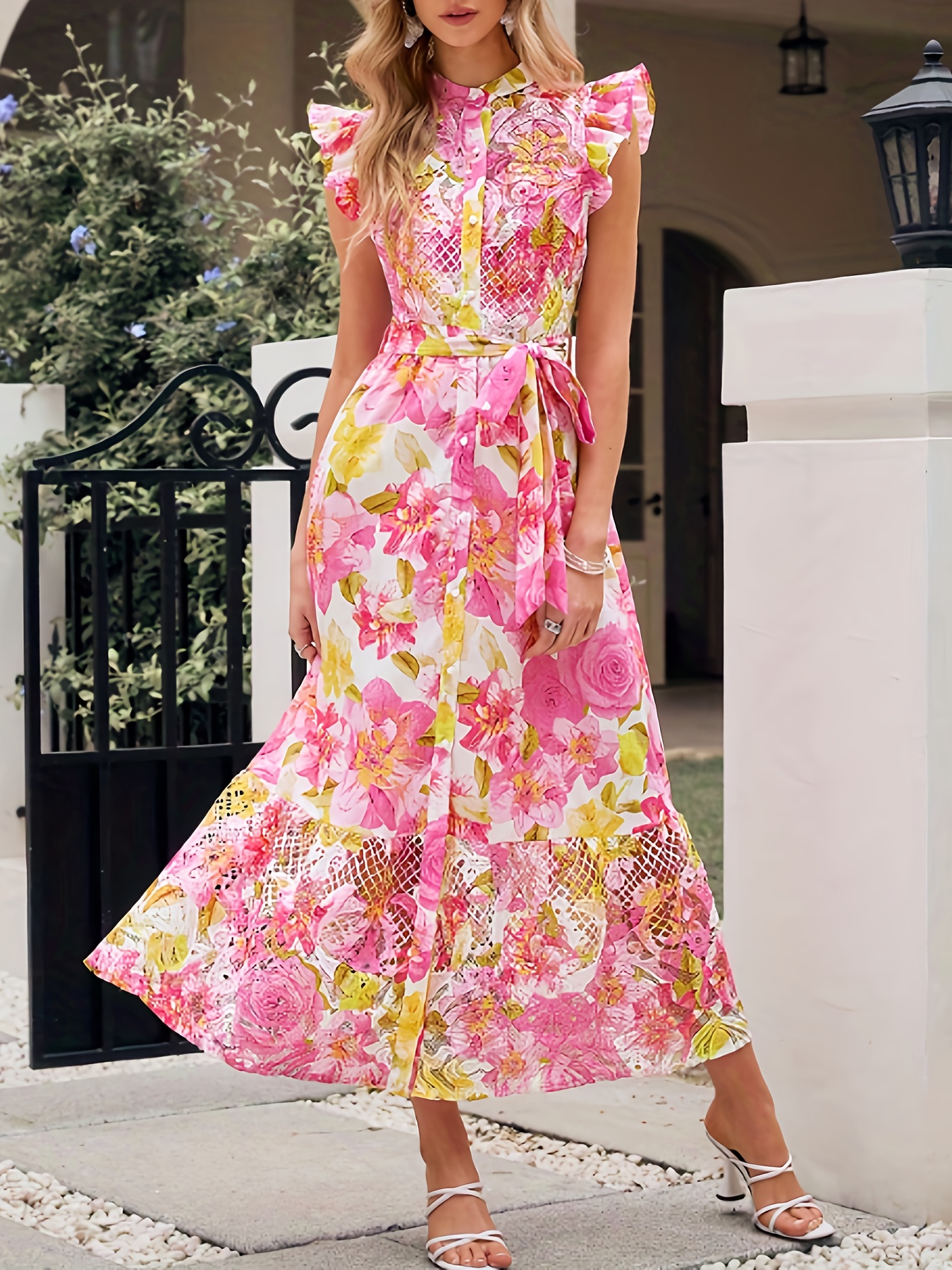 slim fit dress slacks Caya - Navy Contrast Lace Floral Shift Dress | Lace Dresses main image 1