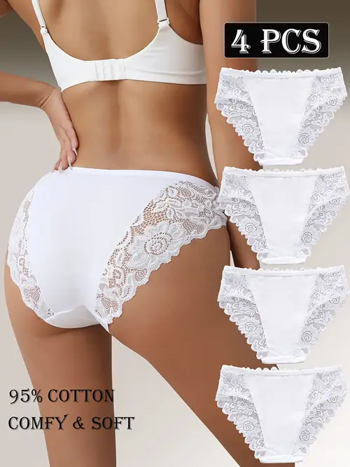 4pcs elegant floral lace semi sheer briefs for women soft breathable stretchy panties with comfortable underwear breathable lace briefs elegant lace design stretchy fabric