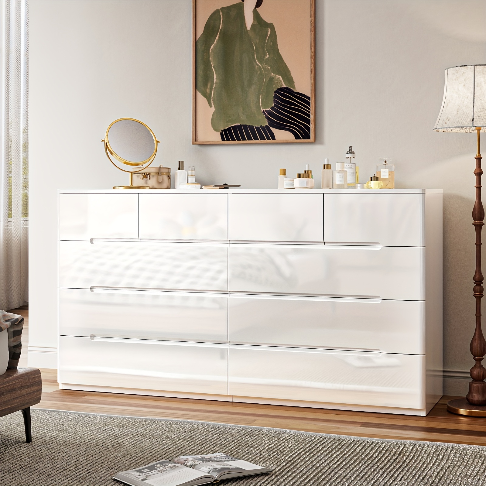 8 drawer dresser for bedroom, white dresser with tempered glass top, modern  chests of drawers with grid drawers, jewelry display dresser for bedroom,  living room, entryway - furniture - Temu