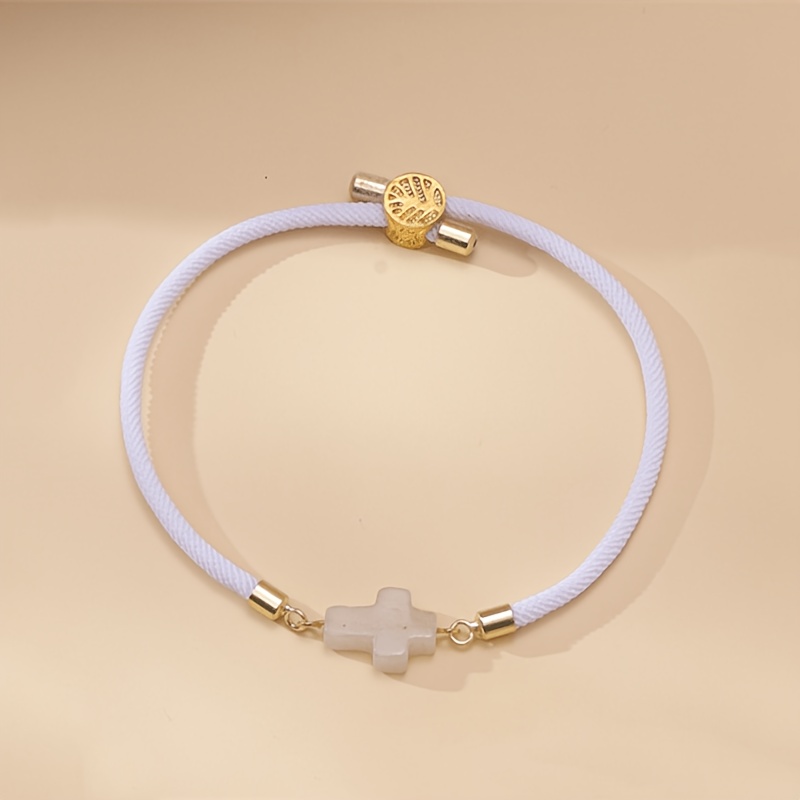 Women's Natural White Marble Cross Bracelet, Adjustable